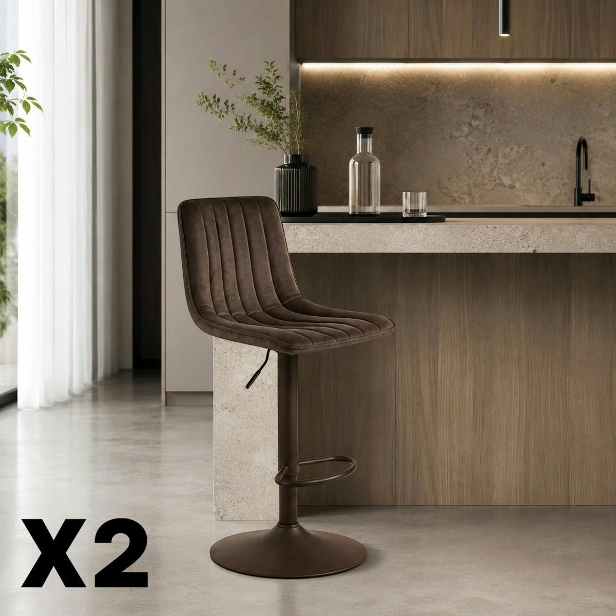 Chaise de bar en tissu coutures verticales (lot de 2) LORA marron, PIER IMPORT