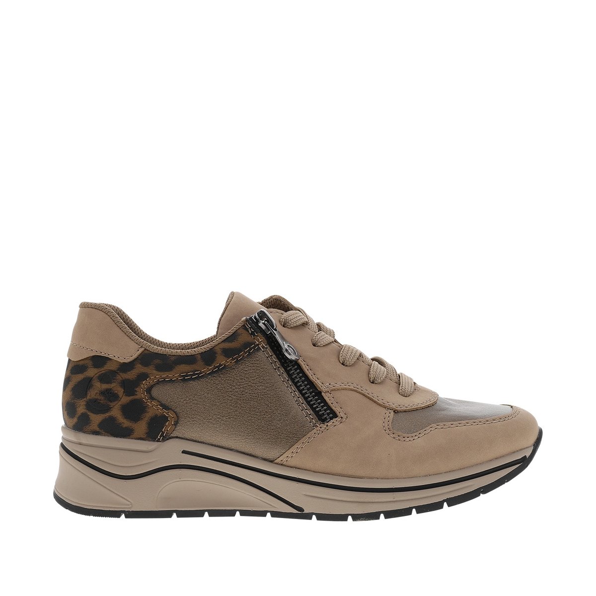 Baskets running beiges à talon compensé bas avec des lacets et un zip latéral beige, RIEKER