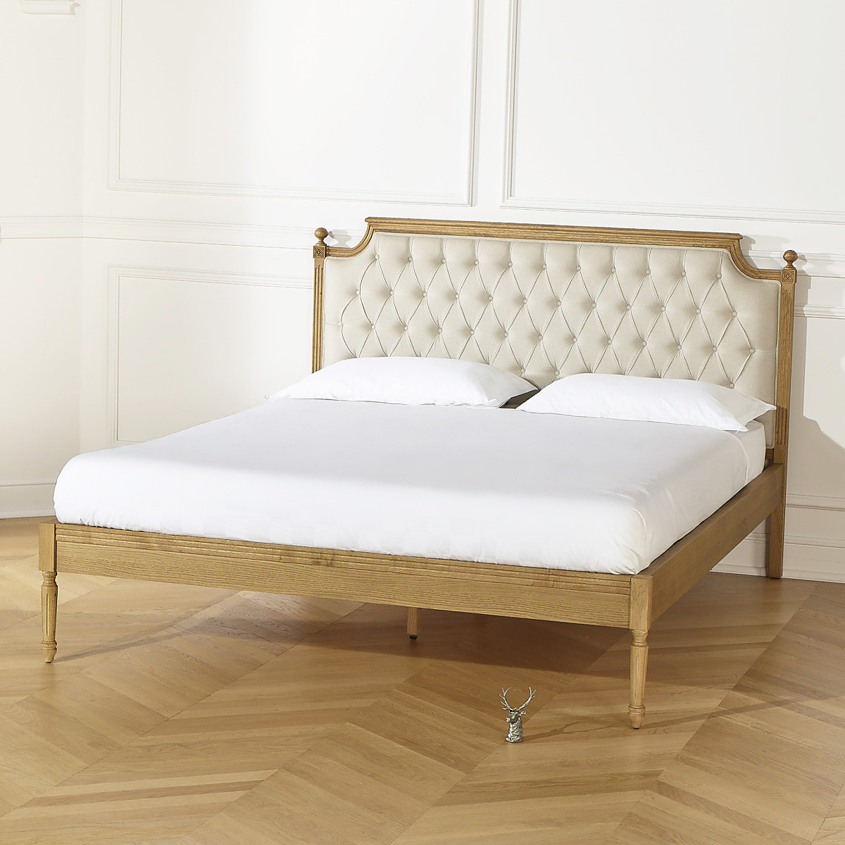 Lit deux places style romantique en chêne et lin premium JAMES marron, ROBIN DES BOIS