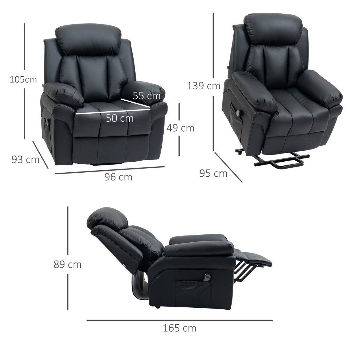 Fauteuil releveur inclinable avec repose-pied ajustable - revêtement synthétique noir, HOMCOM