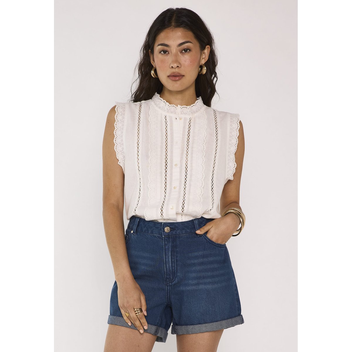 Blouse brodée sans manches en coton mélangé DIONNA ecru, Maison 123