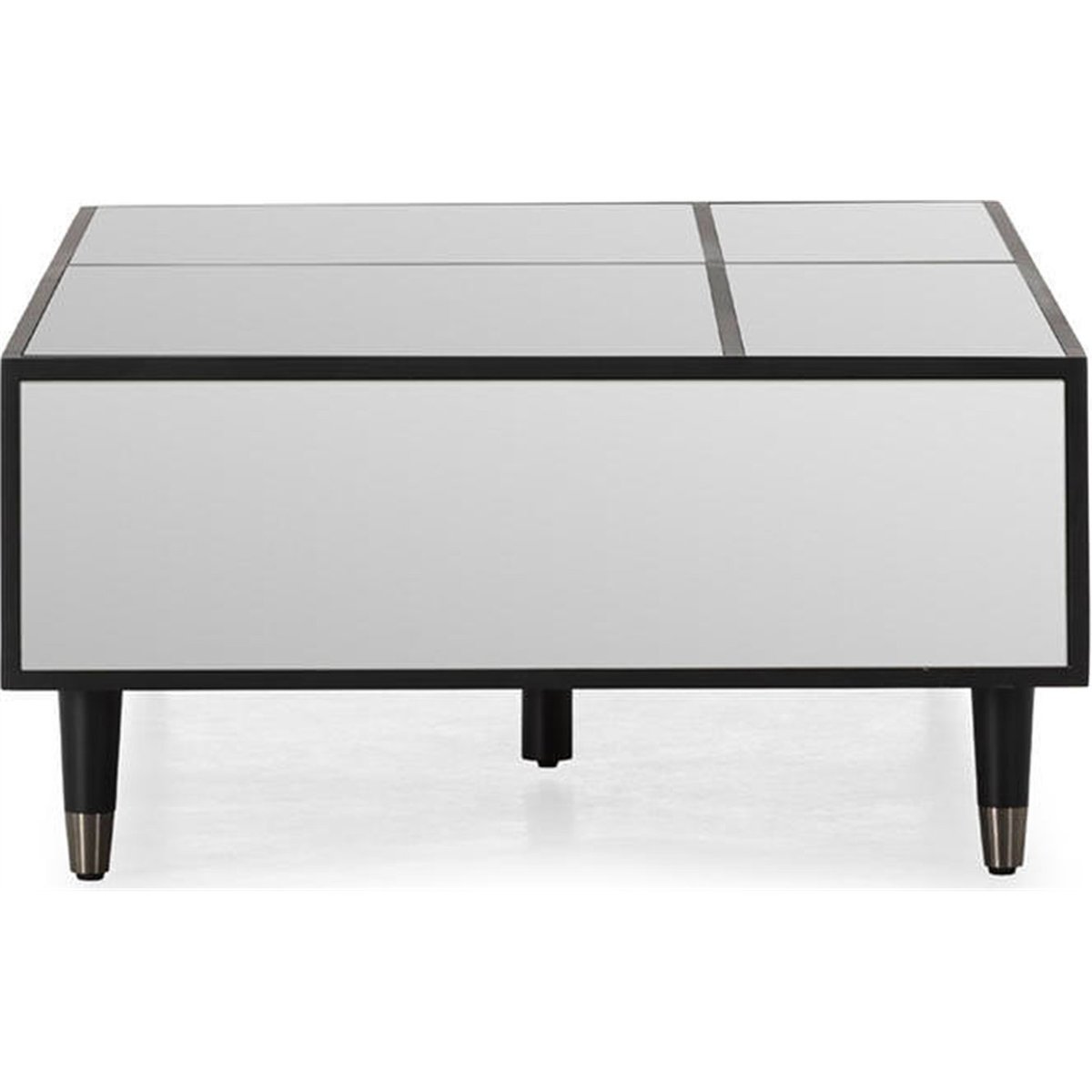Table basse miroir à 2 tiroirs, Pieds métal noir et miroir fumé, RECOLLECTION