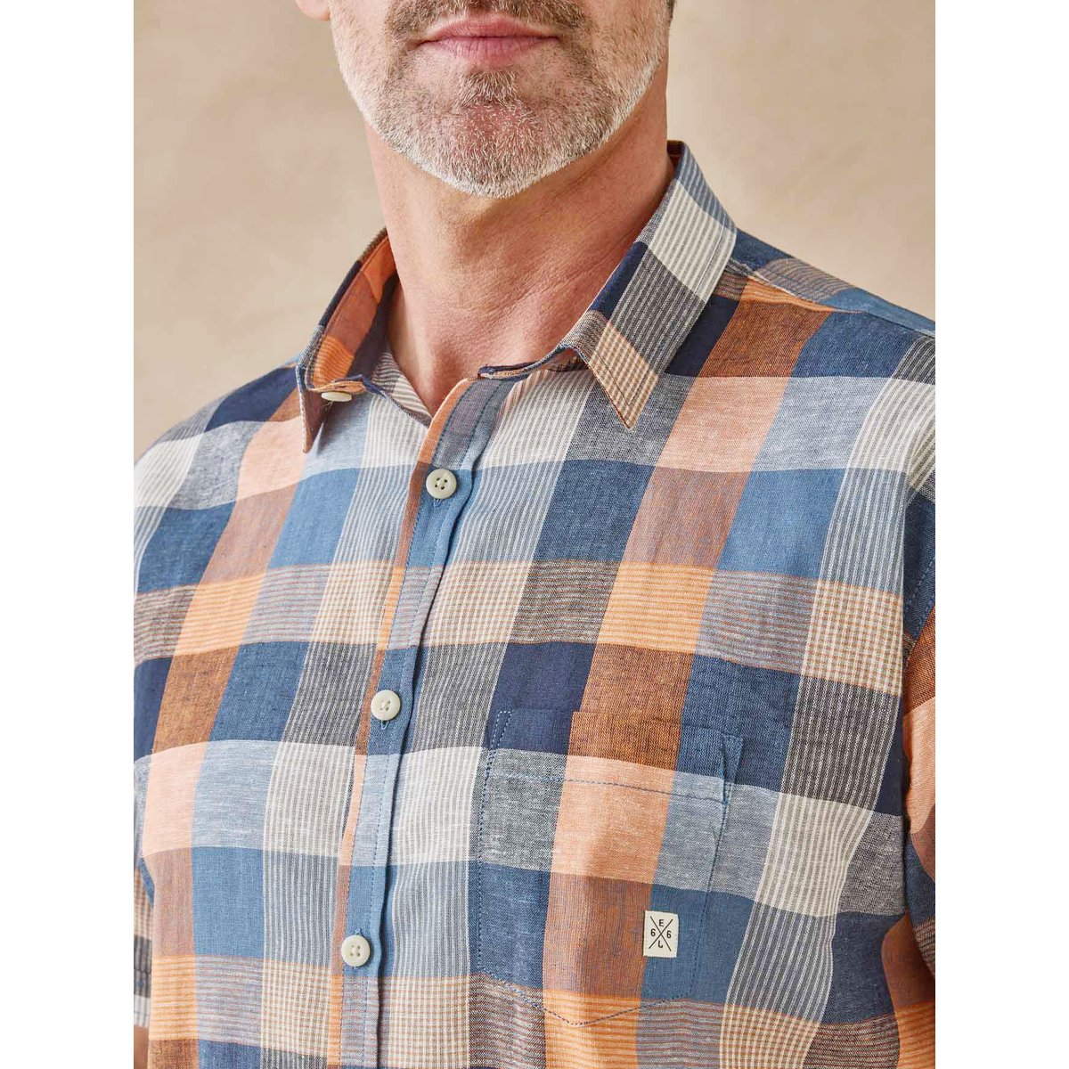 Chemise manches courtes en coton et lin orange bleu, DAXON
