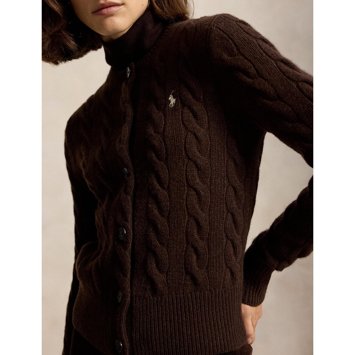 Cardigan girocollo a trecce, 80% lana, 20% cashmere marrone, POLO RALPH LAUREN