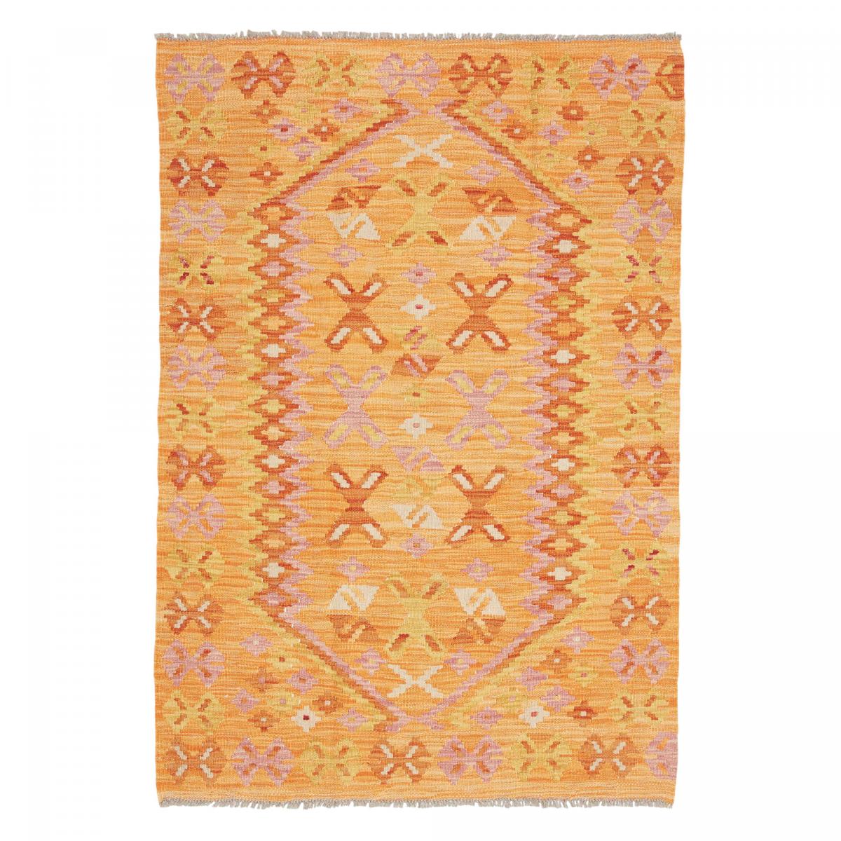Tapis kilim au motif ethnique, tissé à plat en laine naturelle orange, rose, rouge, UN AMOUR DE TAPIS