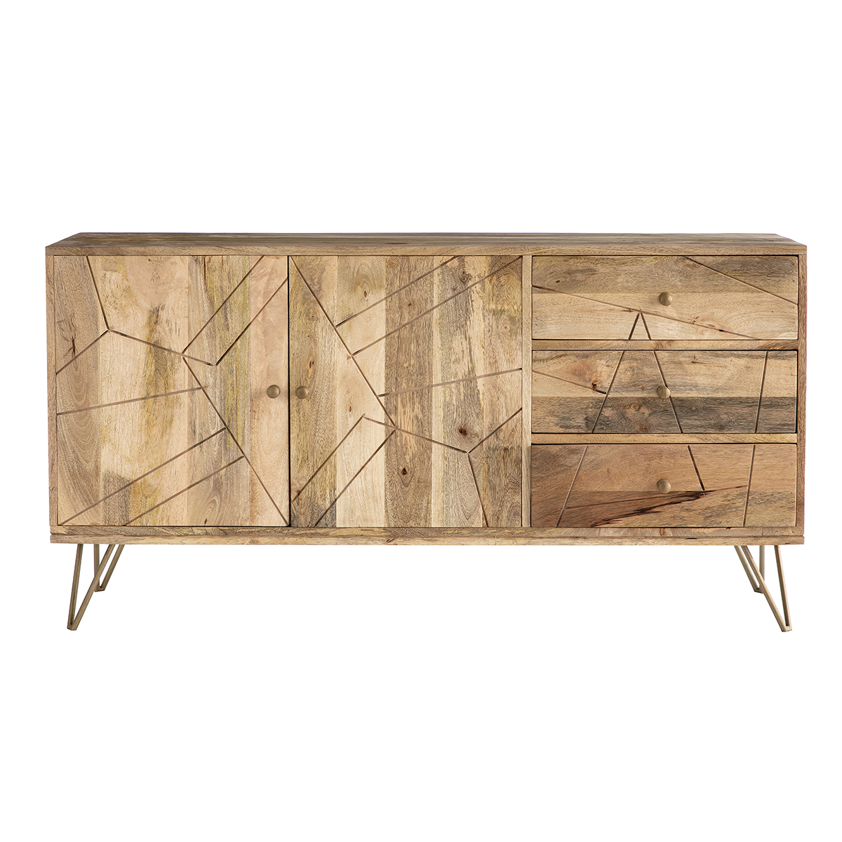 Buffet gravé en bois manguier massif et métal doré 2 portes 3 tiroirs L145 cm LINIUM bois brut, MILIBOO