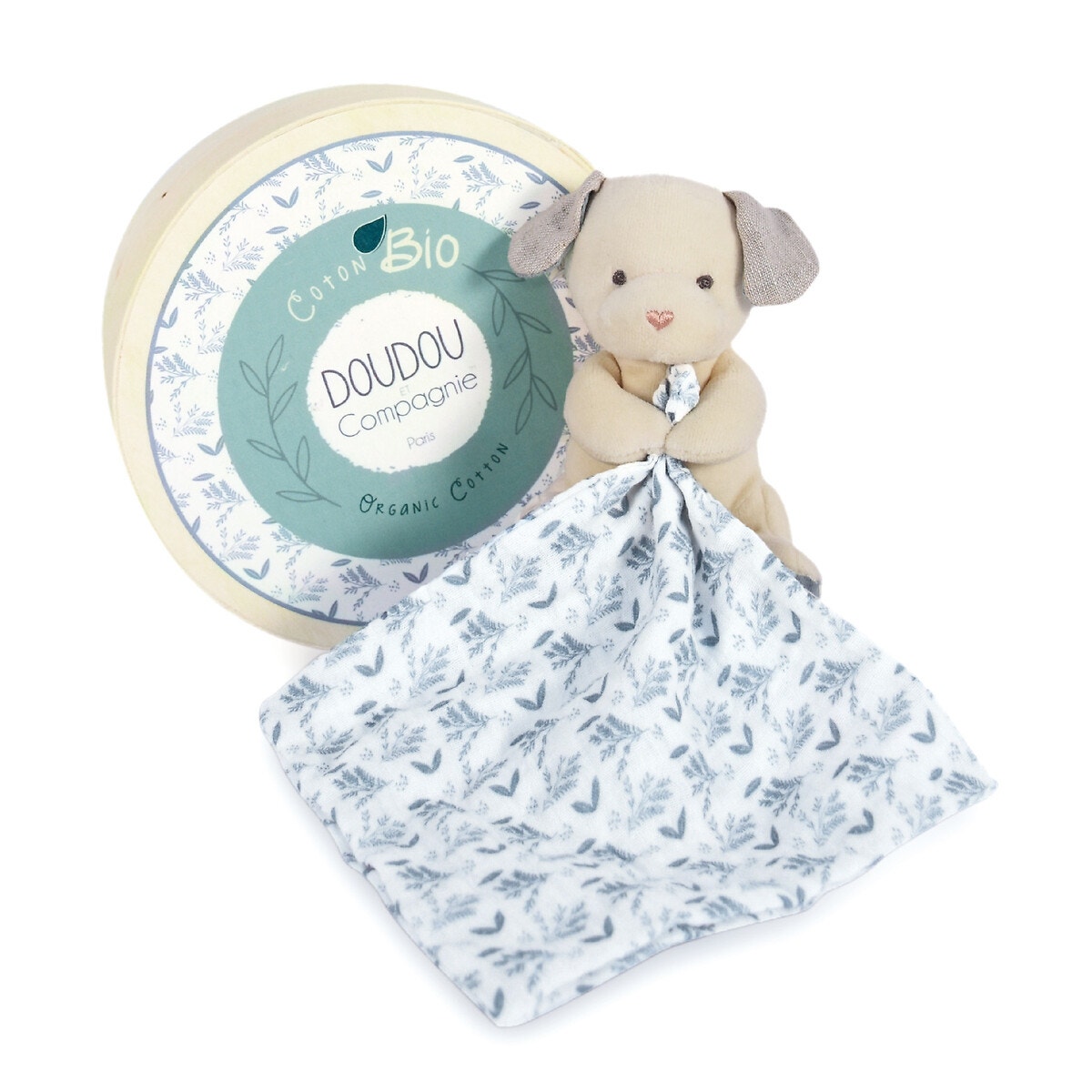Chien petit modèle avec doudou 15 cm bio beige/bleu, DOUDOU ET COMPAGNIE