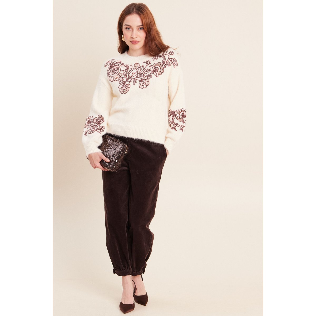 Pull col rond brodé à sequins ecru, BREAL