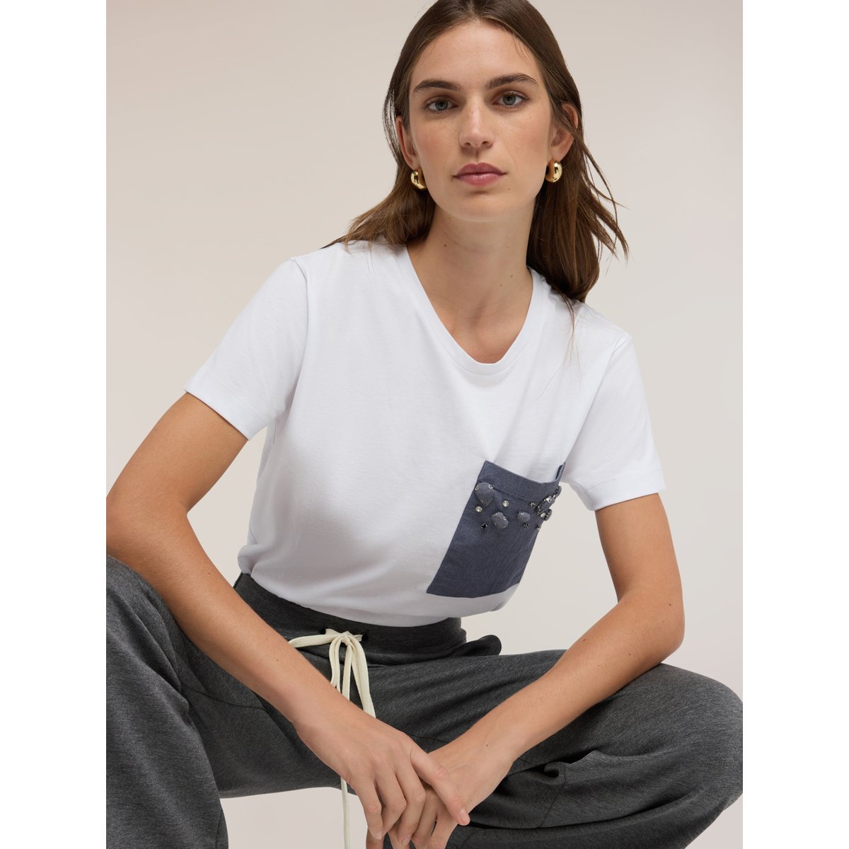 T-shirt avec poche ornée de pierres et strass blanc, MOTIVI