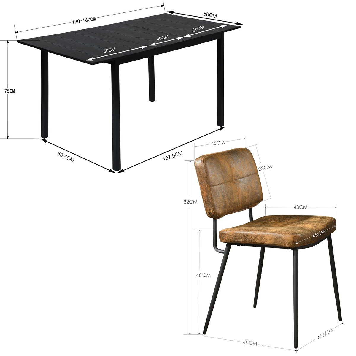 Ensemble de table à manger extensible à allonge avec 4 chaises, BARI4PCSSET marron, MEUBLES COSY