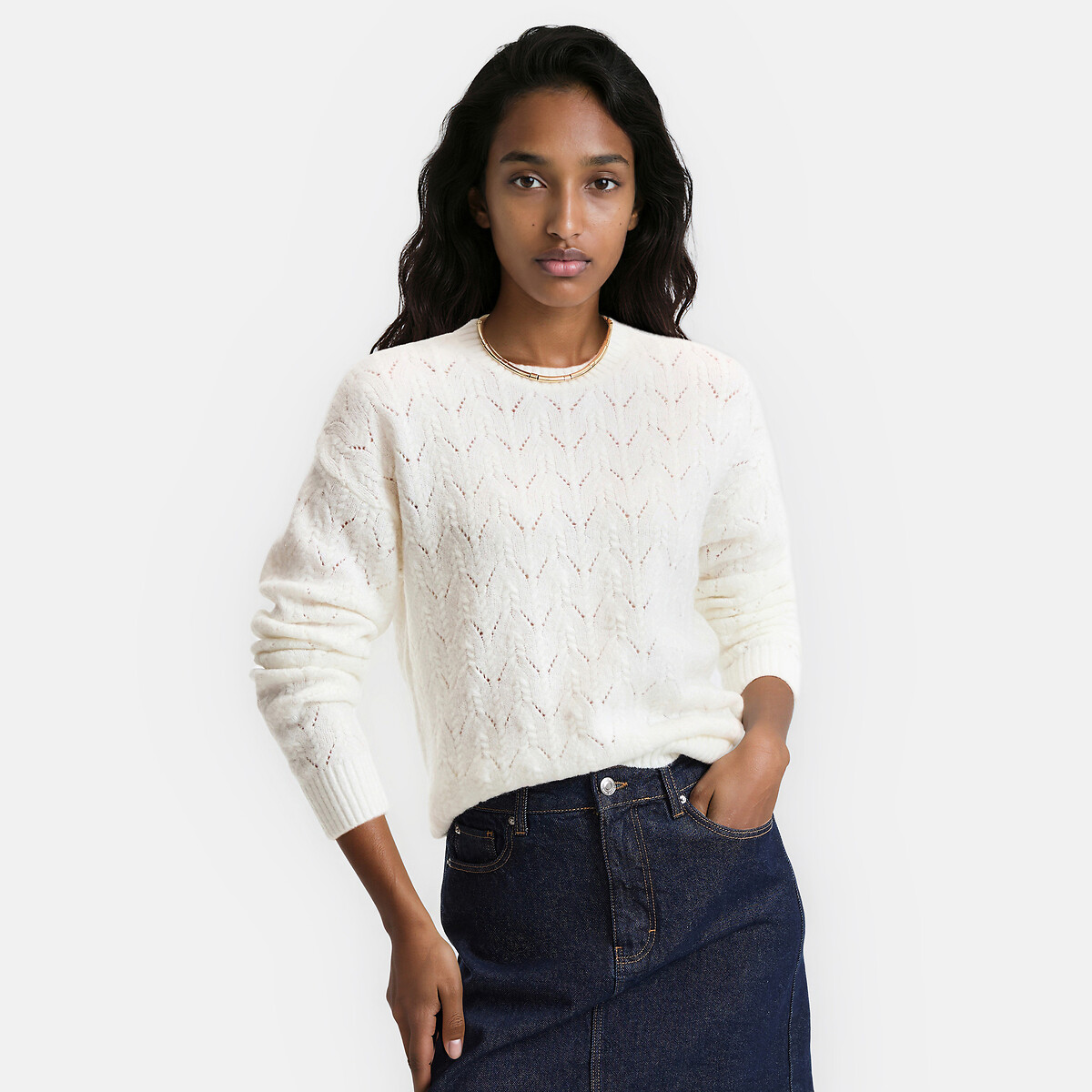 Pull col rond en maille torsadée ajourée vert d'eau, LA REDOUTE COLLECTIONS