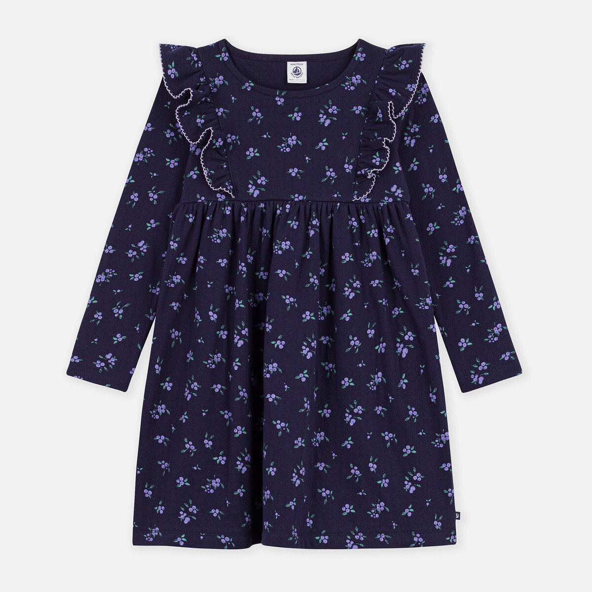 Robe manches longues, avec volants, imprimé floral, en coton bleu marine imprimé, PETIT BATEAU