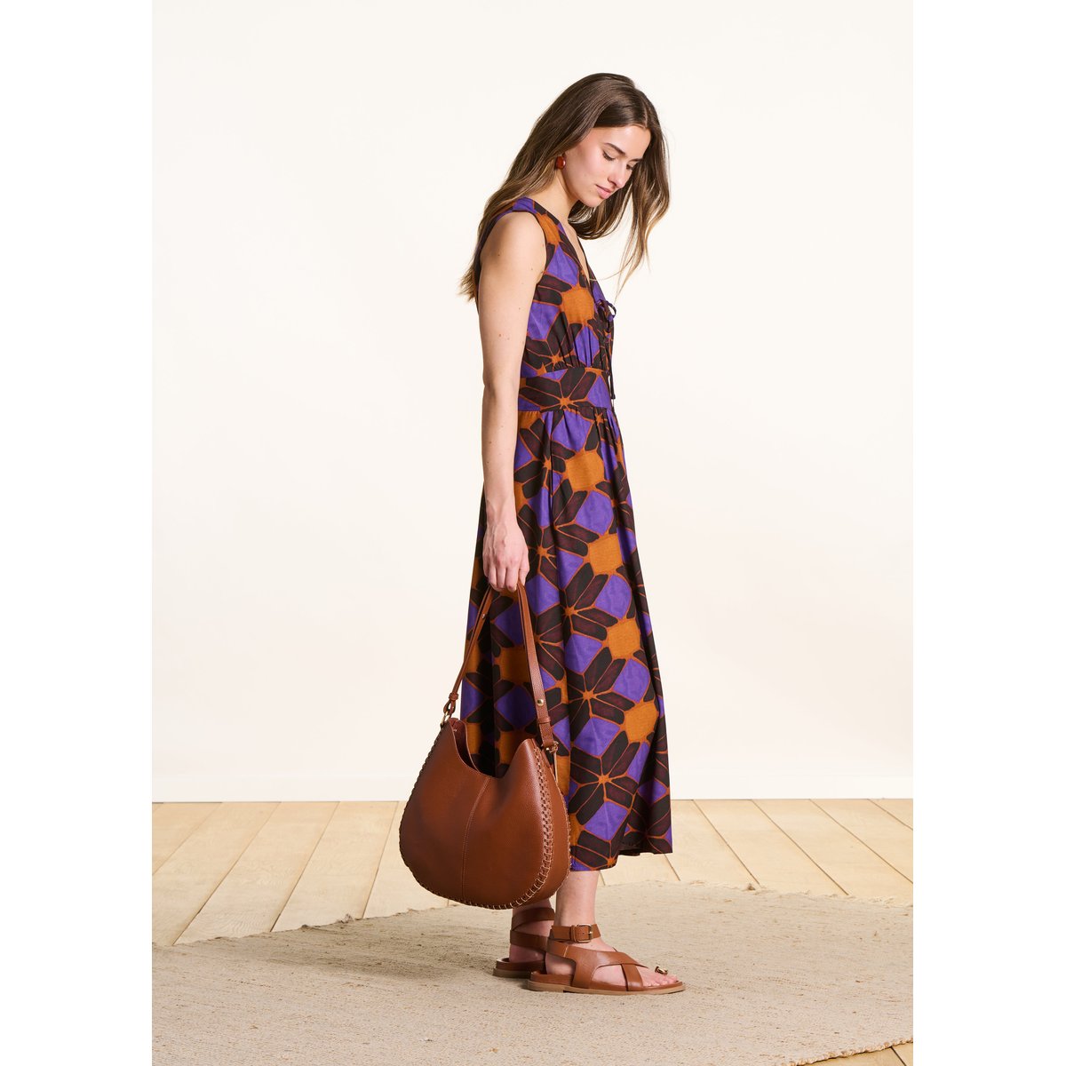 Robe longue cintrée sans manches à imprimé tandoori/violet, LA FEE MARABOUTEE