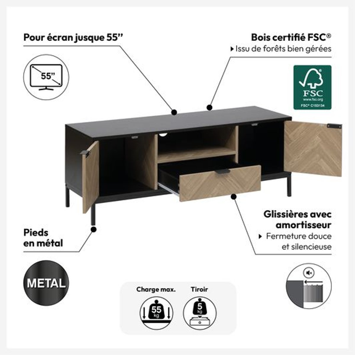 Meuble TV 3 portes effet pin CHEVRONS noir, 5FIVE SIMPLY SMART