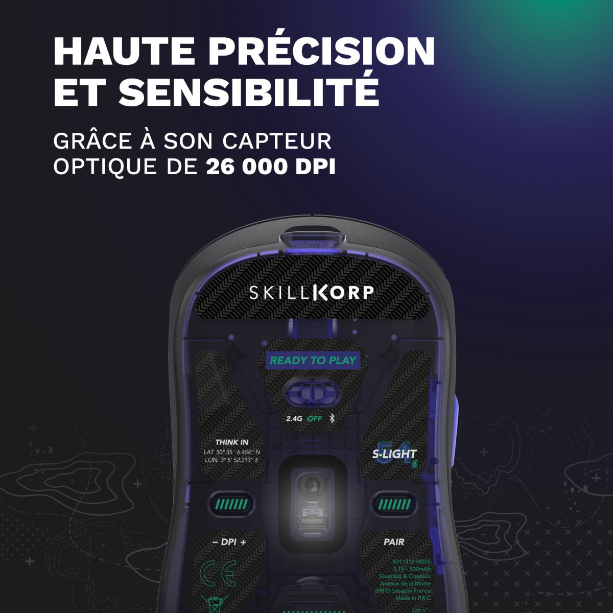 Souris Gamer Sans Fil M20 Noir Ultimate 1K couleur unique, SKILLKORP