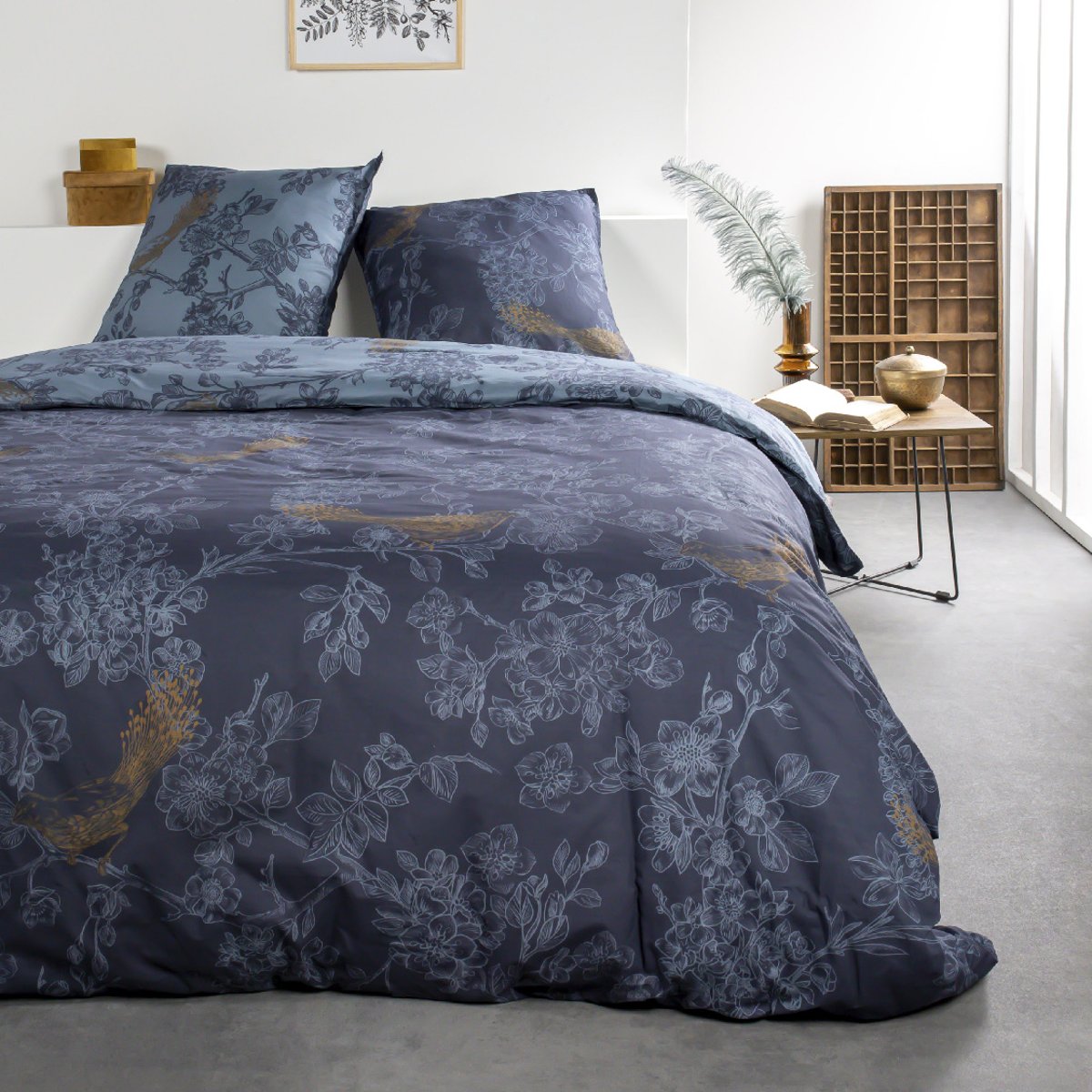 Parure de lit coton 2 personnes imprimé floral SUNSHINE bleu, TODAY