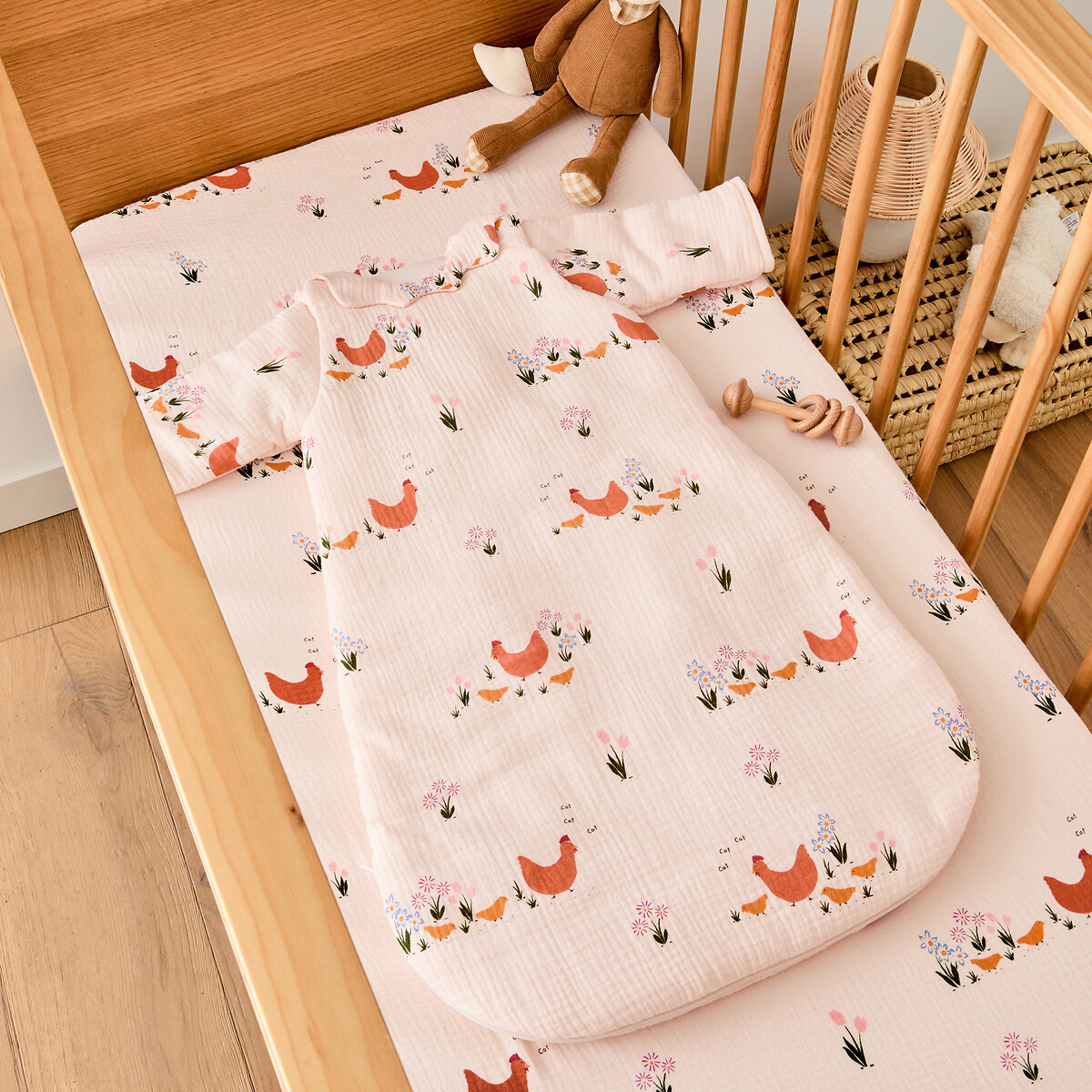 Saco de dormir de inverno, gaze de algodão bio, estampado de galinha, POULETTE rosa, LA REDOUTE INTERIEURS