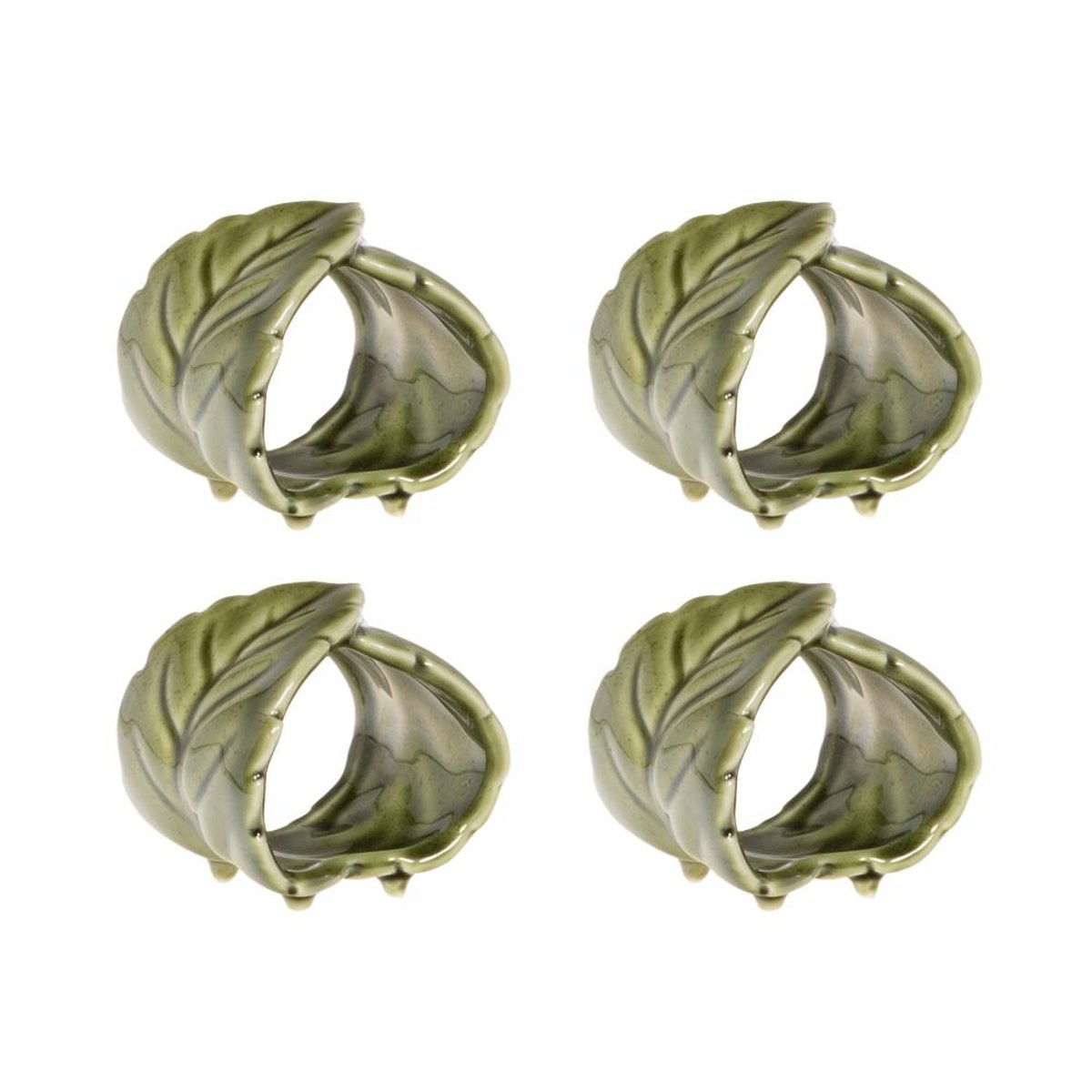Coffret de 4 ronds de serviettes feuille  en céramique vert, AMADEUS