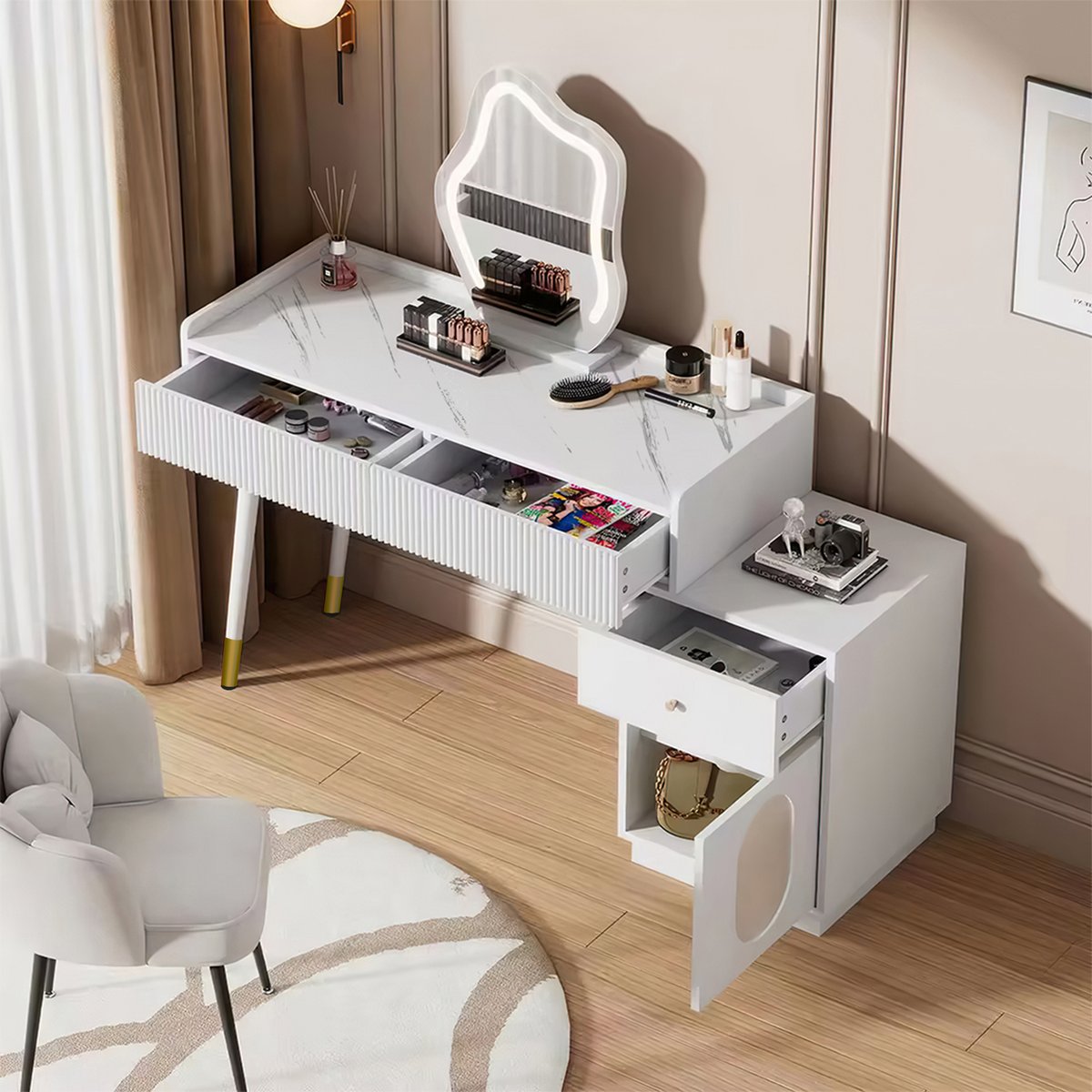 Coiffeuse table de maquillage avec 3 tiroirs et 1 porte, ULTRAF blanc, MEUBLES COSY