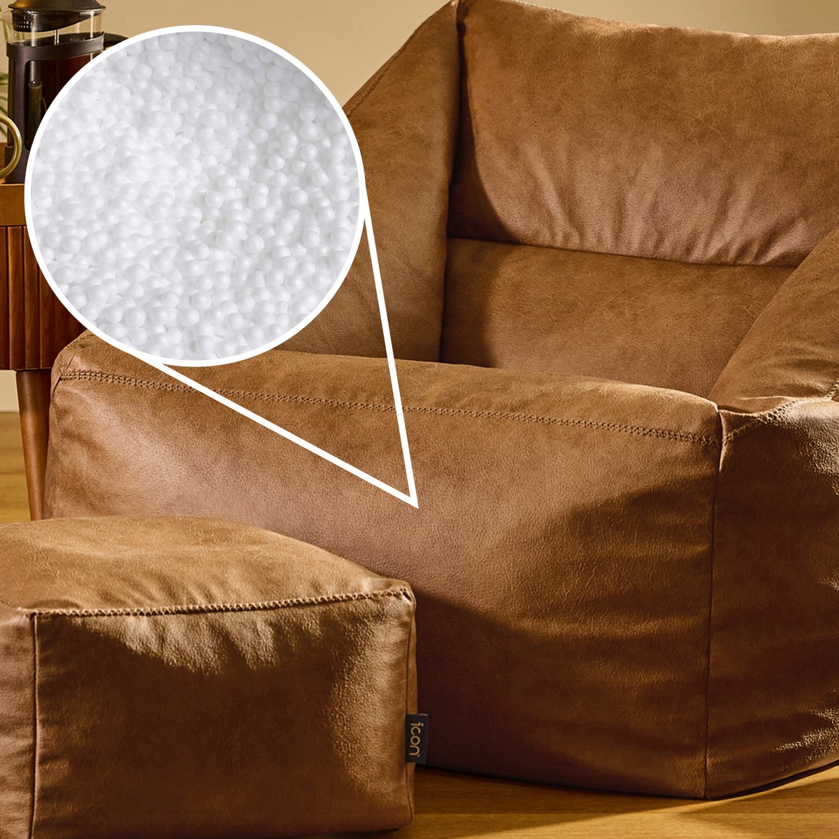 Pouf fauteuil et son repose-pied carré en imitation cuir, végan Oeko-Tex® - NATALIA brun, ICON