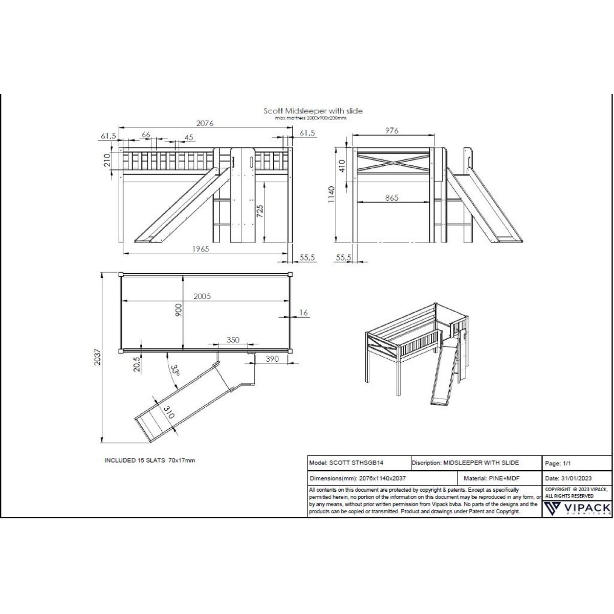 Scott Lit Mezzanine Toboggan et Rideau Dino couleur unique, VIPACK