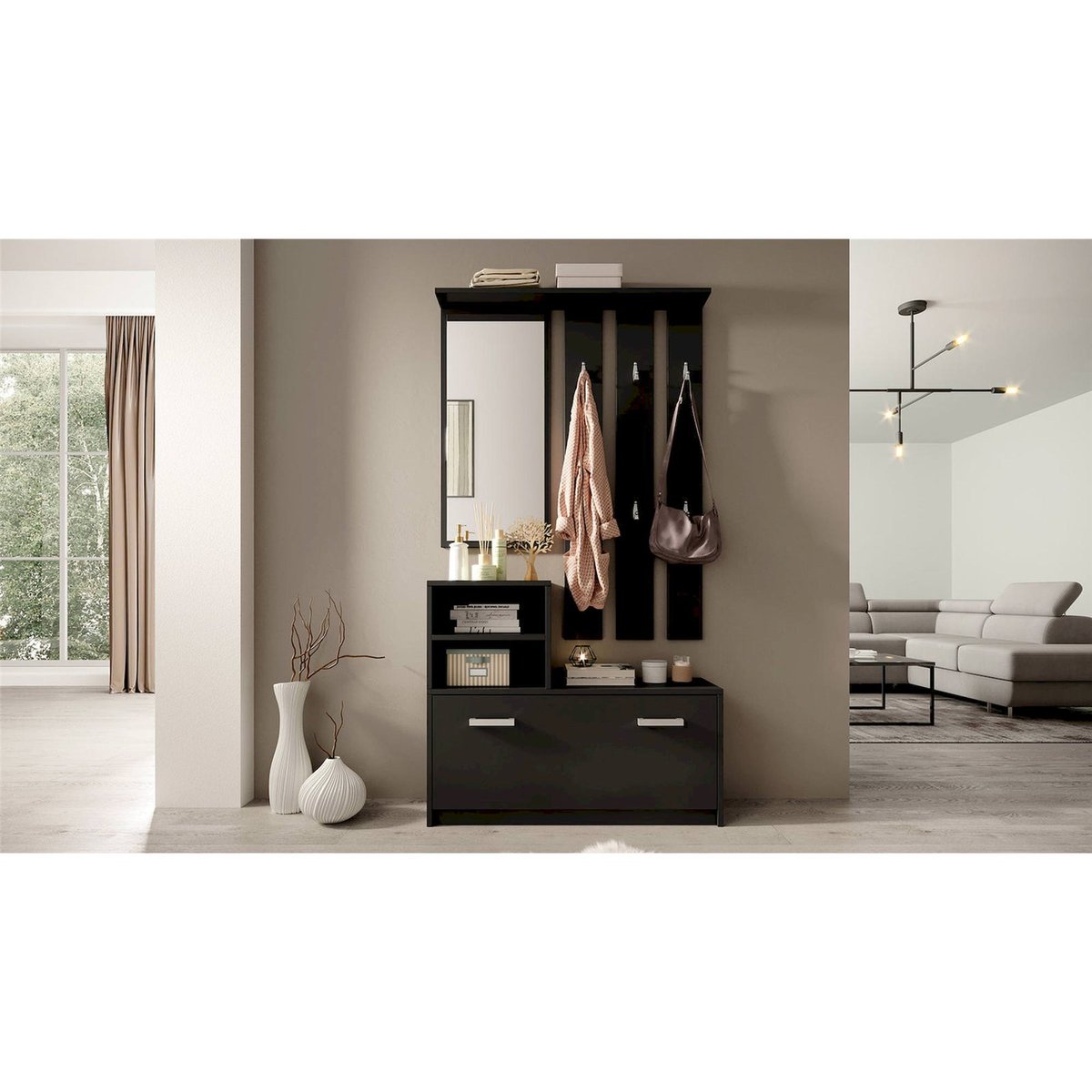 Vestiaire d'entrée avec miroir collection YESFIR noir, RECOLLECTION