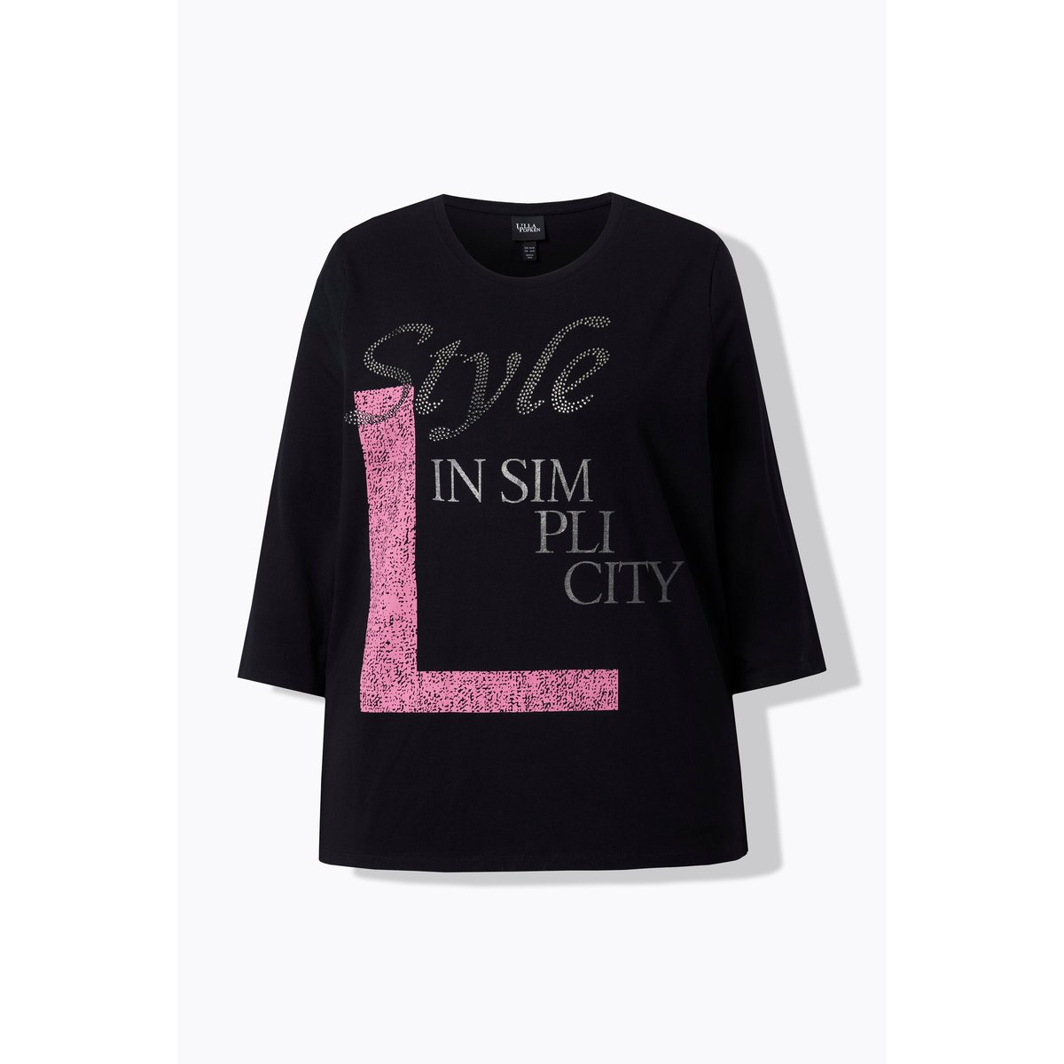 T-shirt avec strass, col rond et manches 3/4 noir, ULLA POPKEN