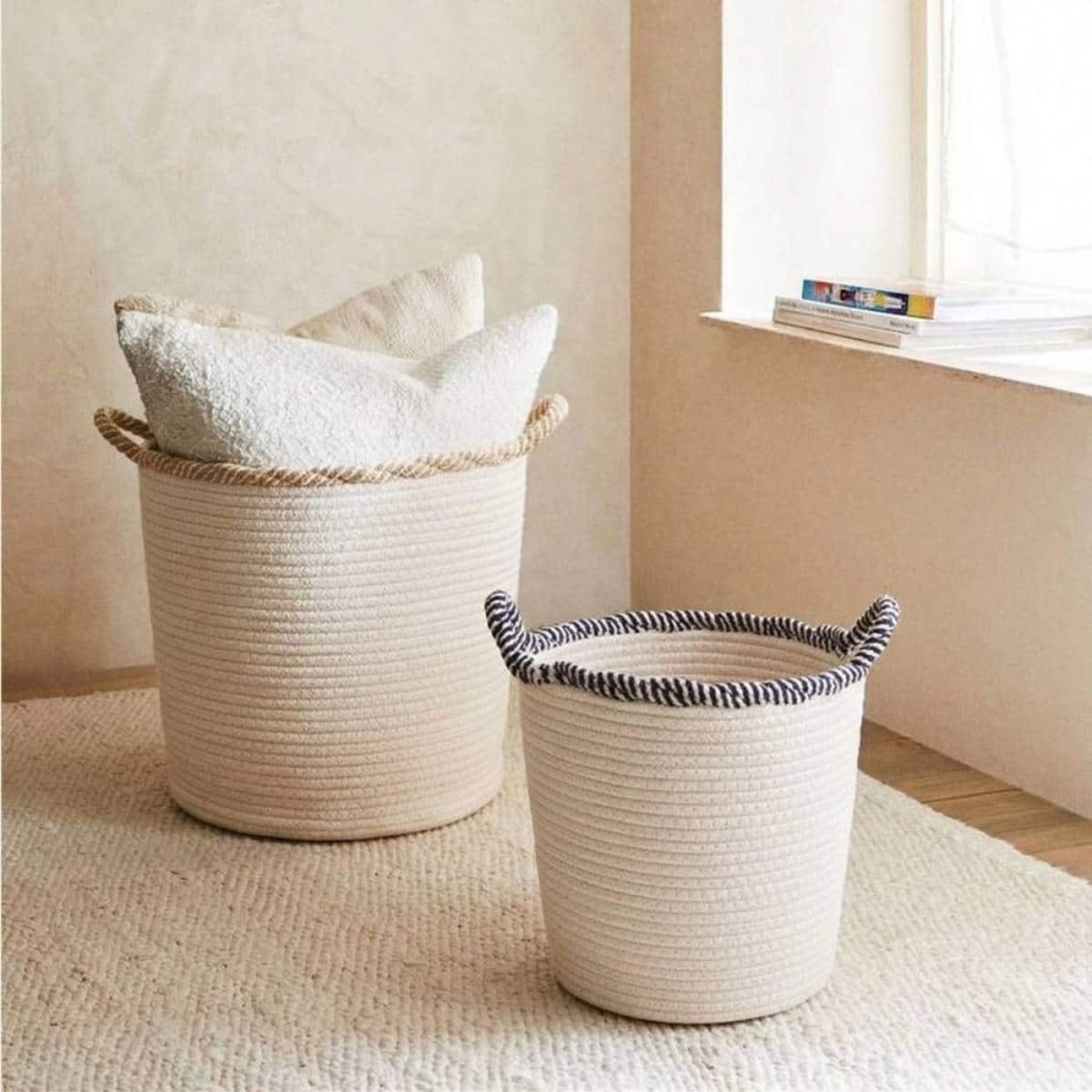 Set de 2 paniers ronds en corde de coton finition vague beige, ORNAMI