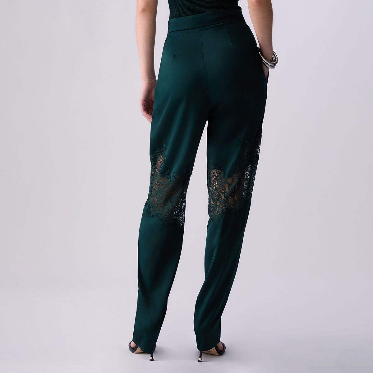 Pantalon en satin avec détails en dentelle vert foncé, LIU JO