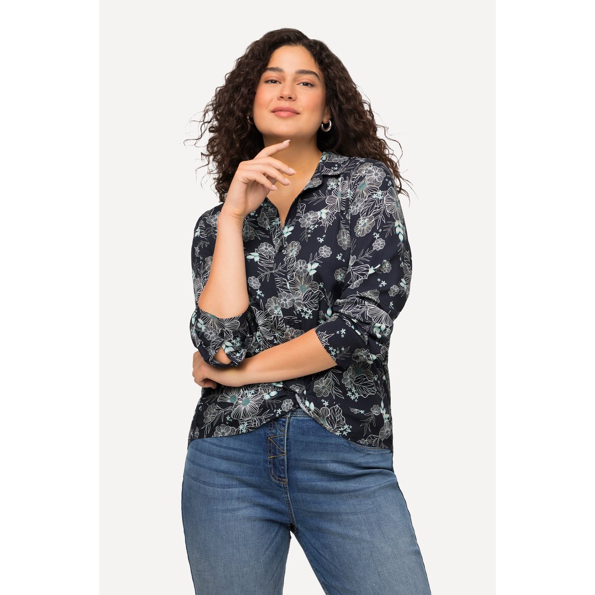 Chemisier à manches longues, imprimé floral marine, ULLA POPKEN