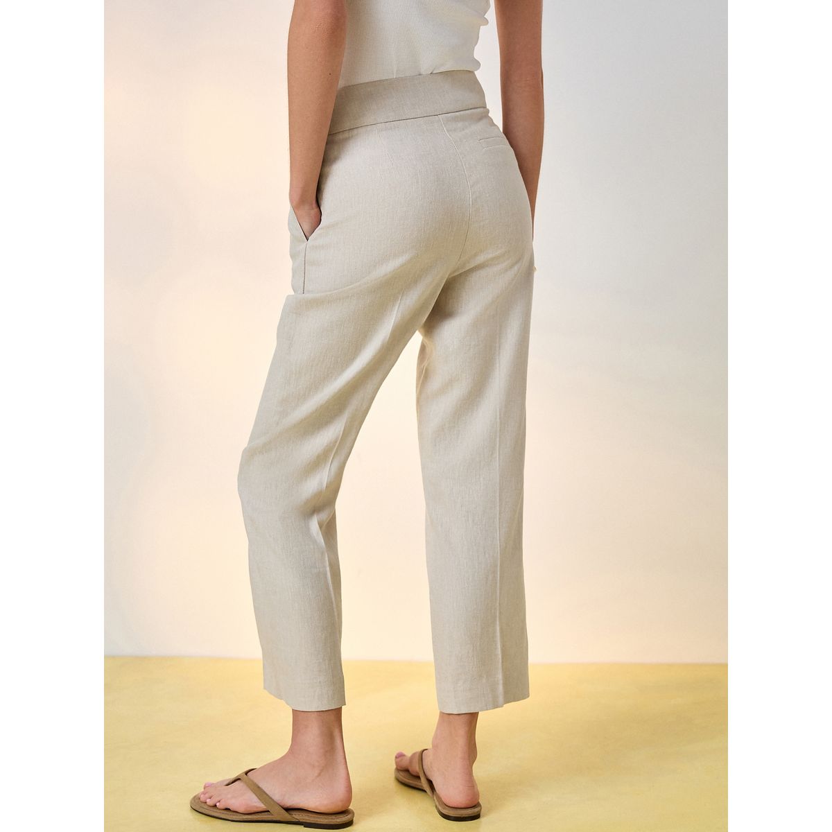 Pantalon tailleur slim court lin majoritaire beige neutre, NEXT