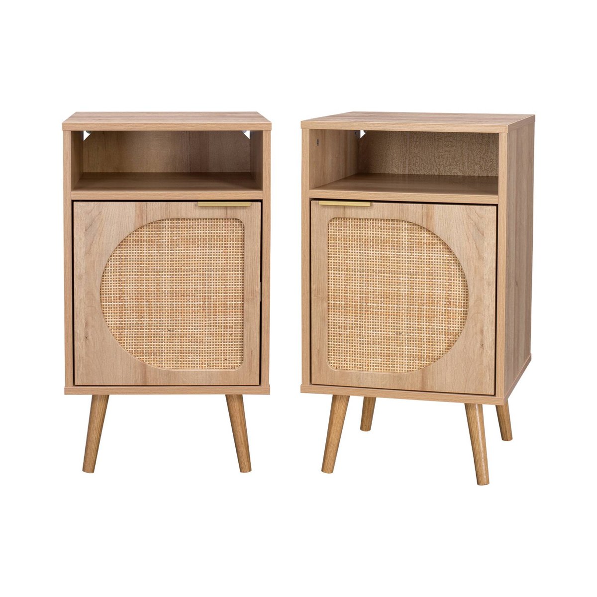 Table de chevet décor bois et cannage arrondi 1 porte (lot de 2) EVA naturel, SWEEEK