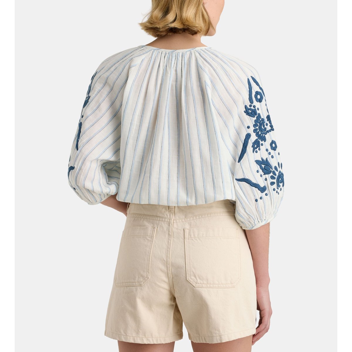 Blouse cara rayures et broderies blanc et bleu, GALERIES LAFAYETTE