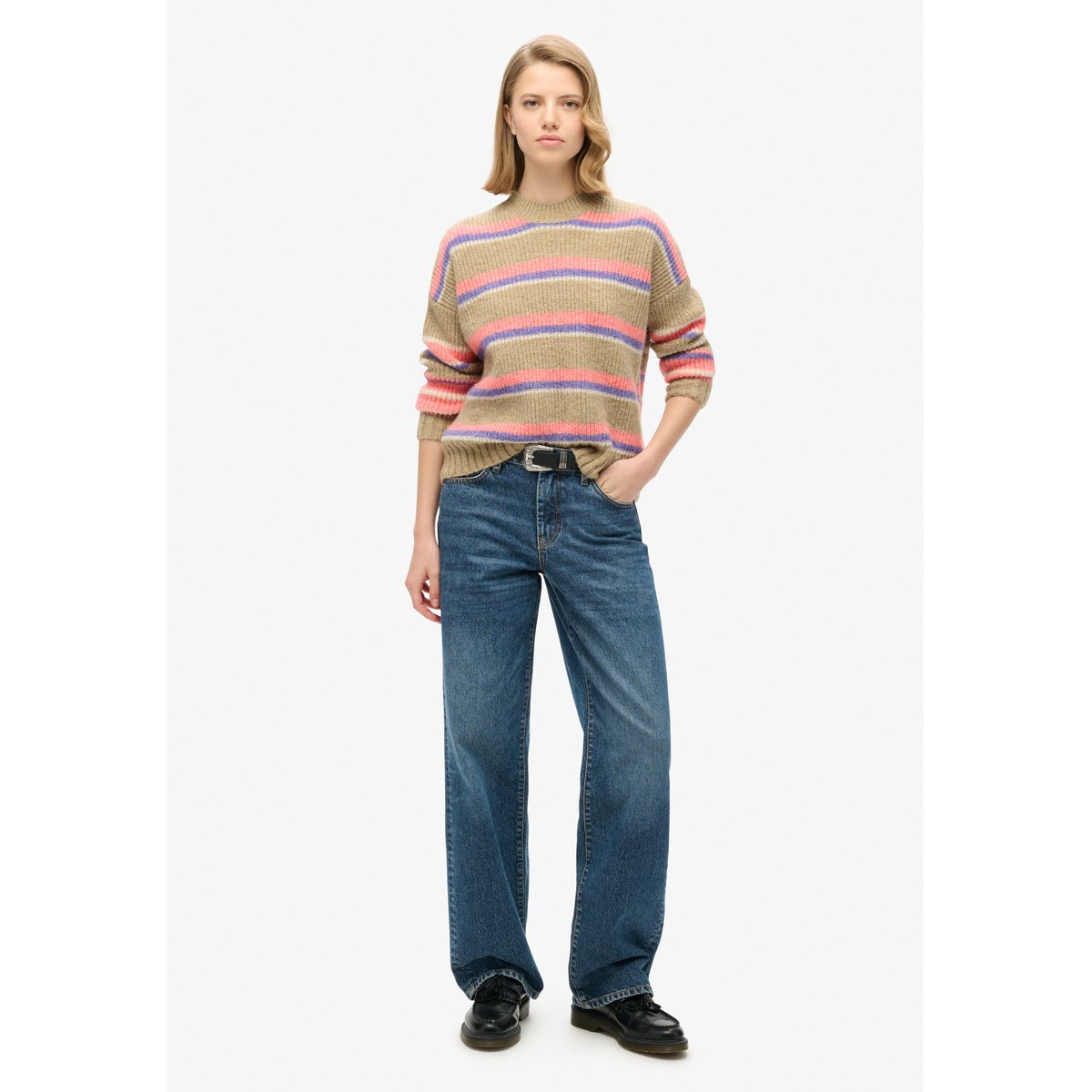 Pull ras du cou à rayures multiples marron caramel multicolore, SUPERDRY