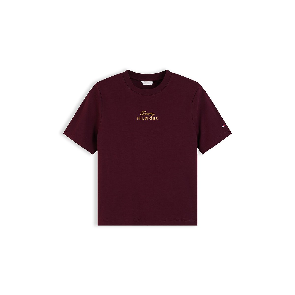 Camiseta de cuello redondo y manga corta con logotipo bordado borgoña, TOMMY HILFIGER