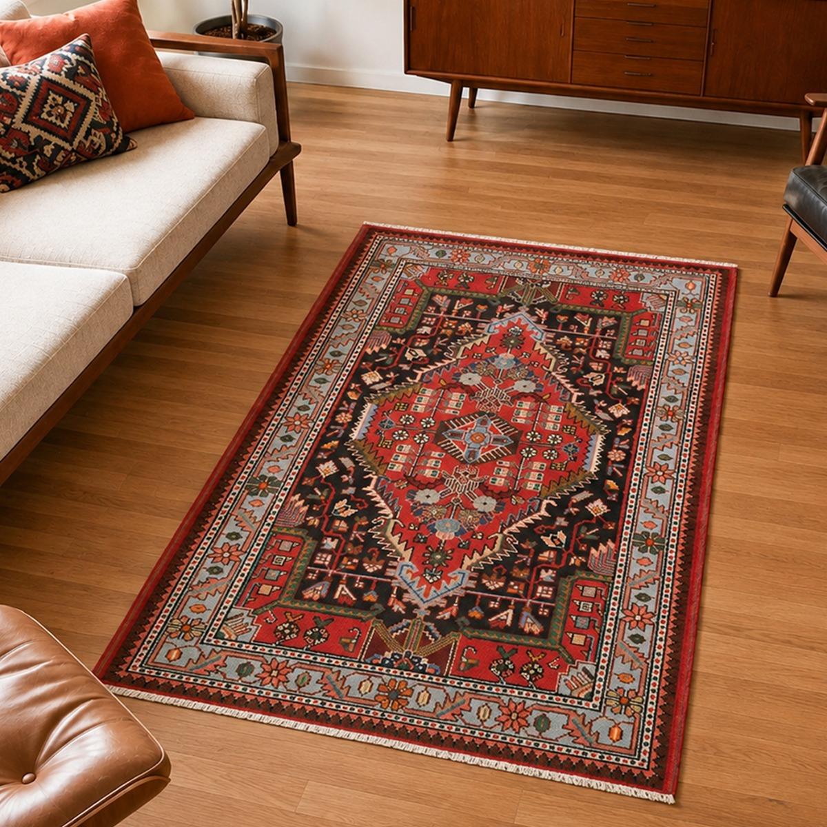Tapis d'orient oriental, noué main en laine, HAMADAN 20 rouge, bleu, noir, UN AMOUR DE TAPIS