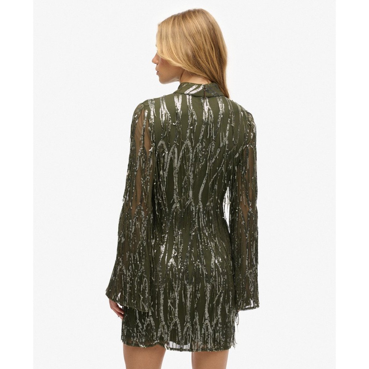 Robe courte à franges et sequins vert olive poudré, SUPERDRY