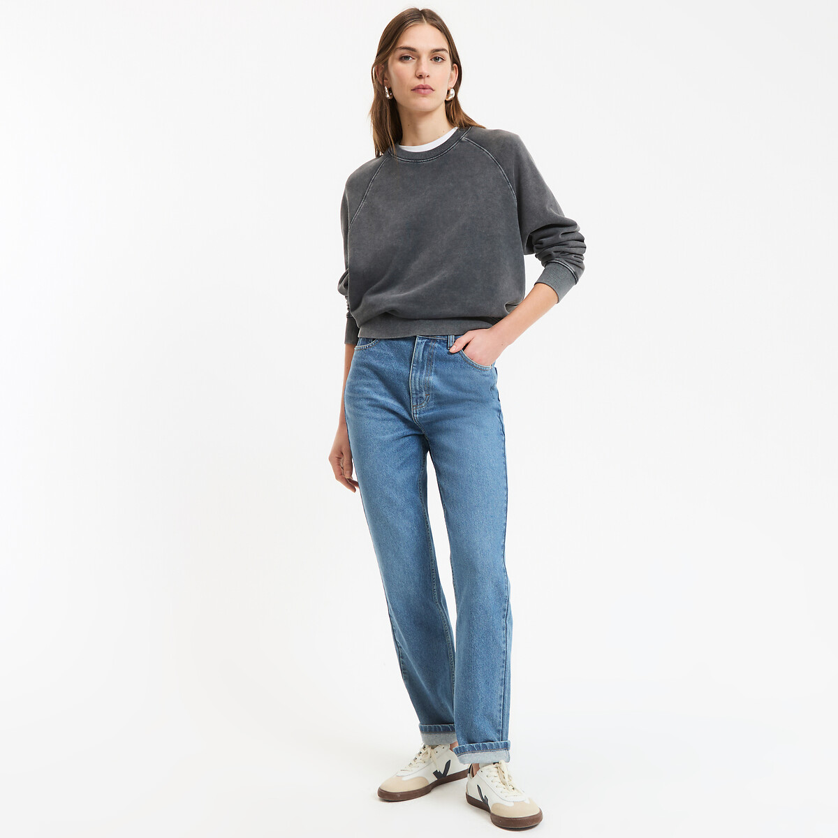 Sweat de gola redonda, em algodão, efeito desbotado cinzento desbotado, LA REDOUTE COLLECTIONS