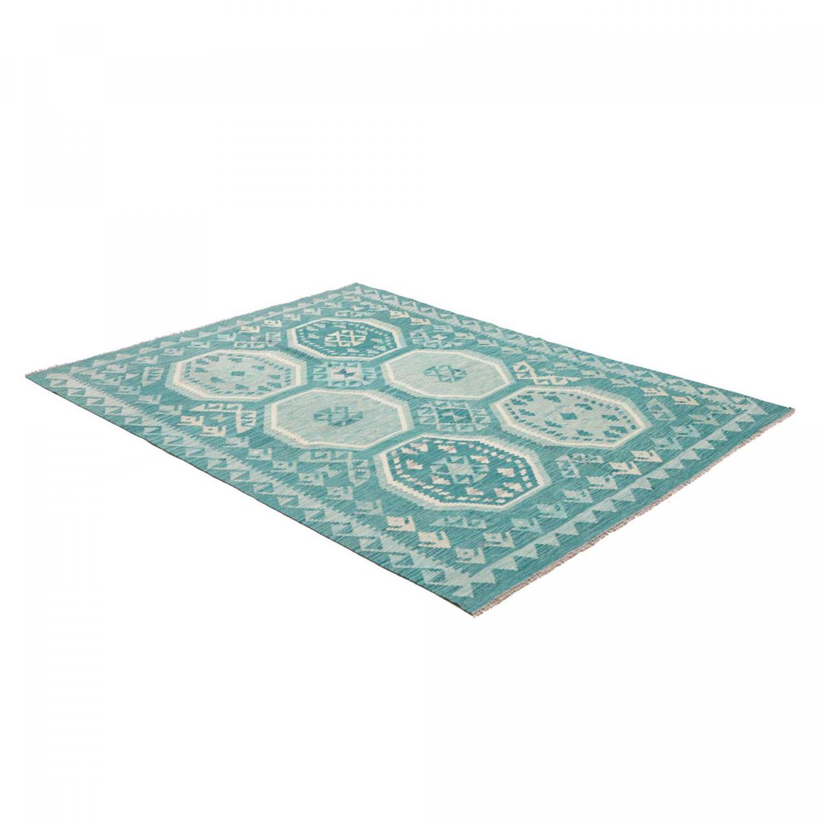 Tapis kilim, motif géométrique authentique, tissage plat en laine bleu, blanc, UN AMOUR DE TAPIS