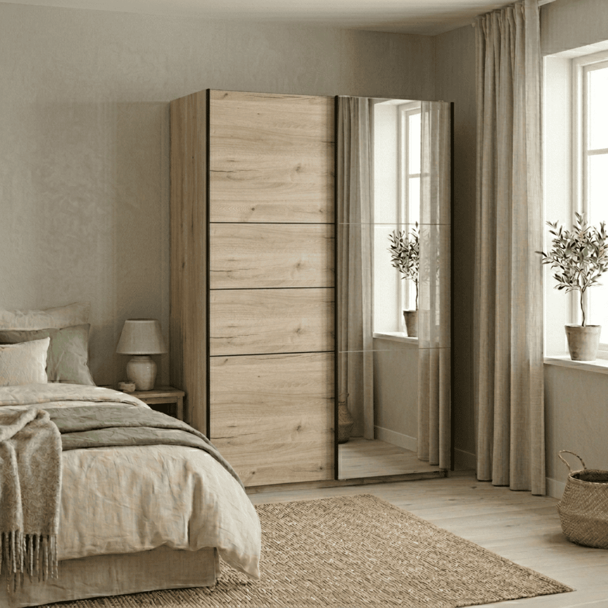Armoire 2 portes coulissantes miroir LINE chêne, CALICOSY
