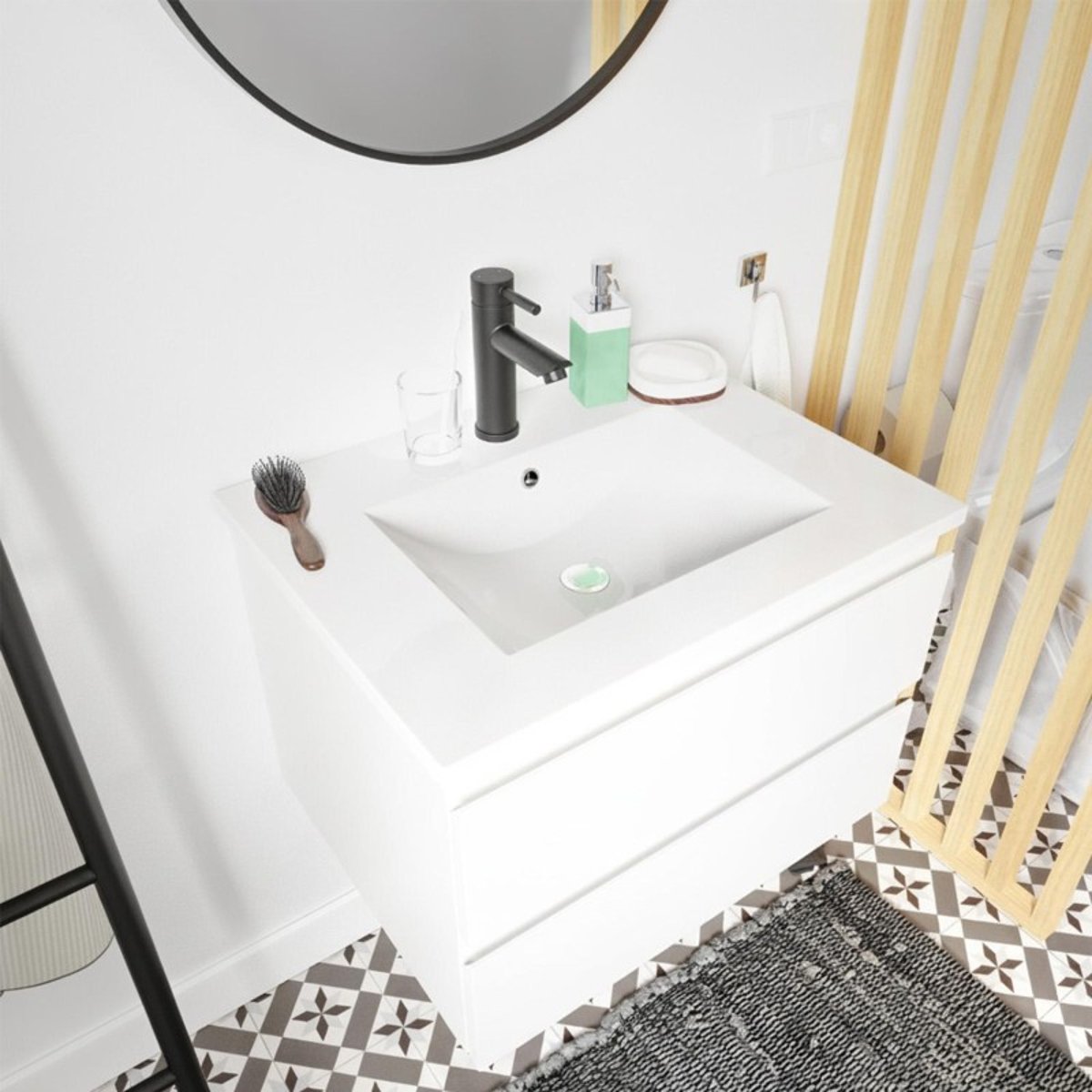 Meuble simple+robinet+miroir+colonne SORRENTO blanc brillant, MOB IN