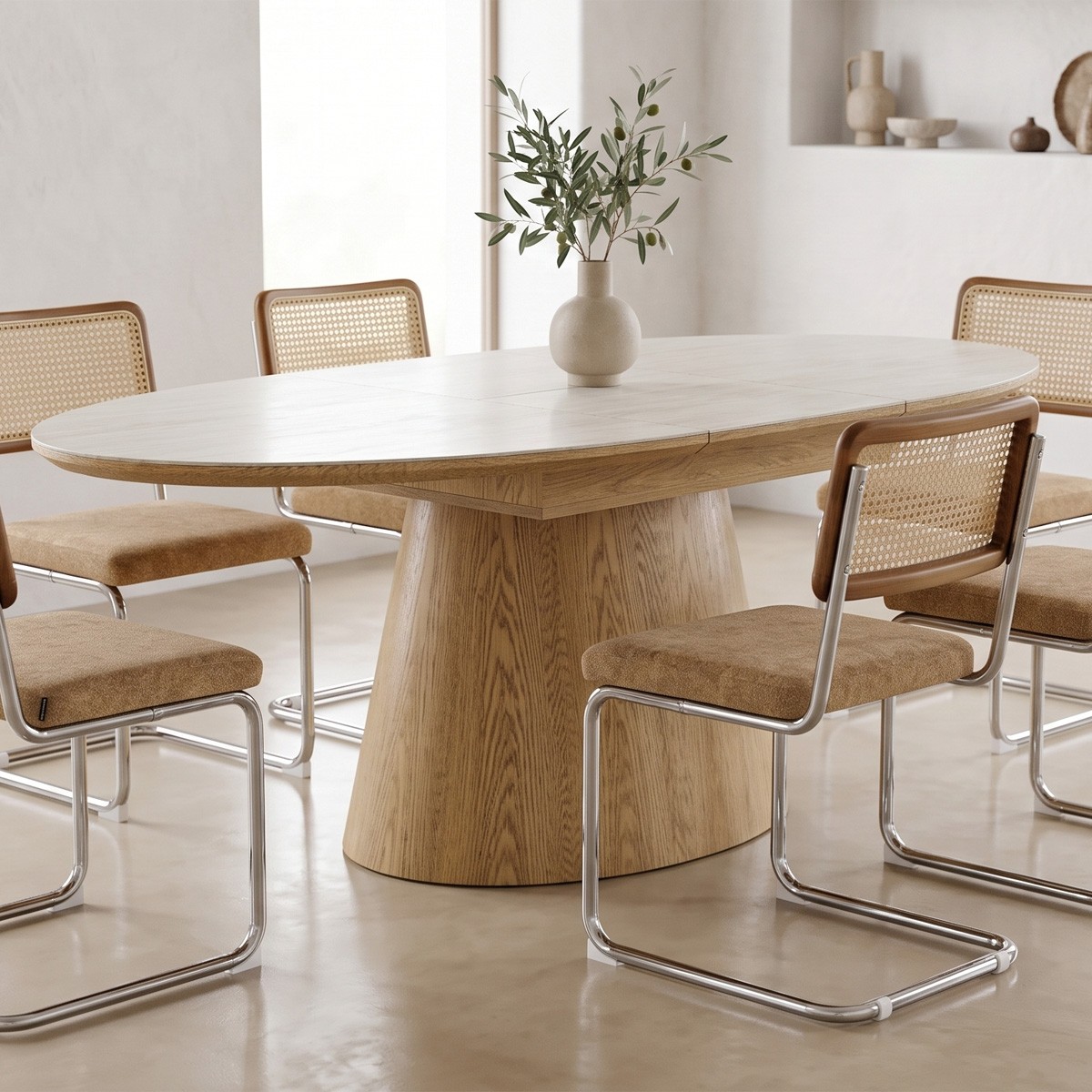 Table à manger extensible ovale 6/8 personnes - ORA chêne clair / travertin, HOMIFAB
