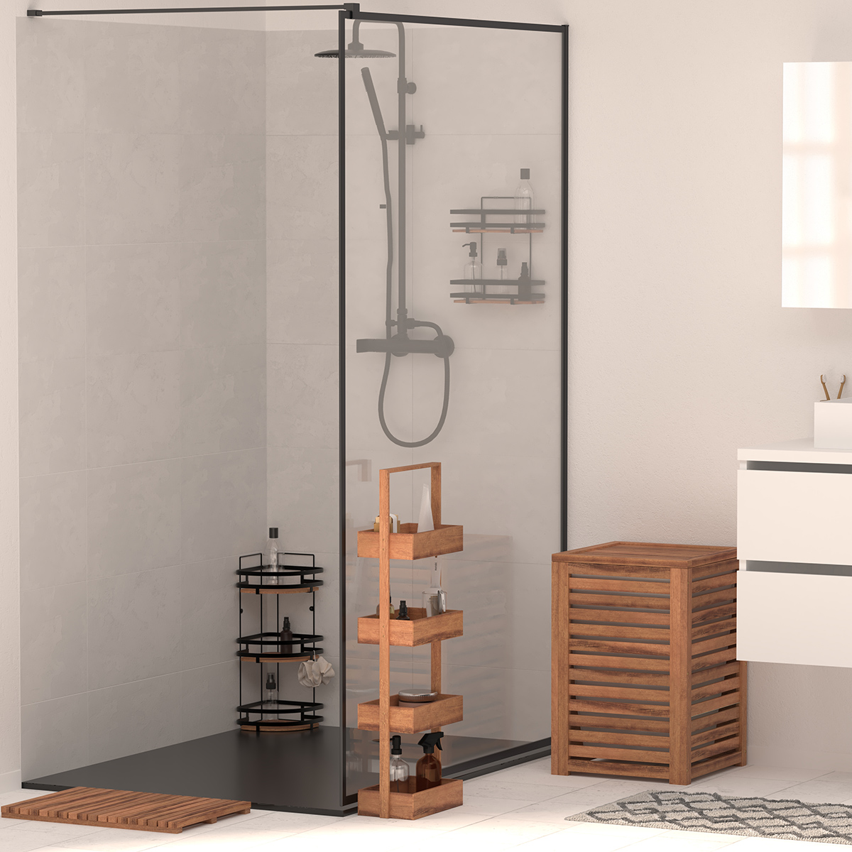 Étagère de douched'angle 3 niveaux en acacia BLACKACIA noir, 5FIVE SIMPLY SMART