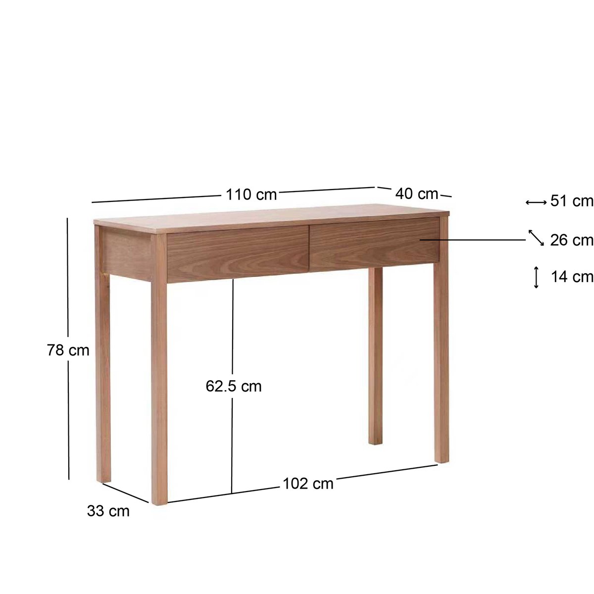 Bureau 2 tiroirs, bois de noyer, VASTERAS bois naturel, NORDLYS