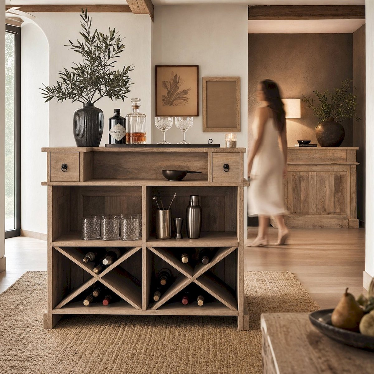 Armoire bar en bois 2 tiroirs naturel, RECOLLECTION