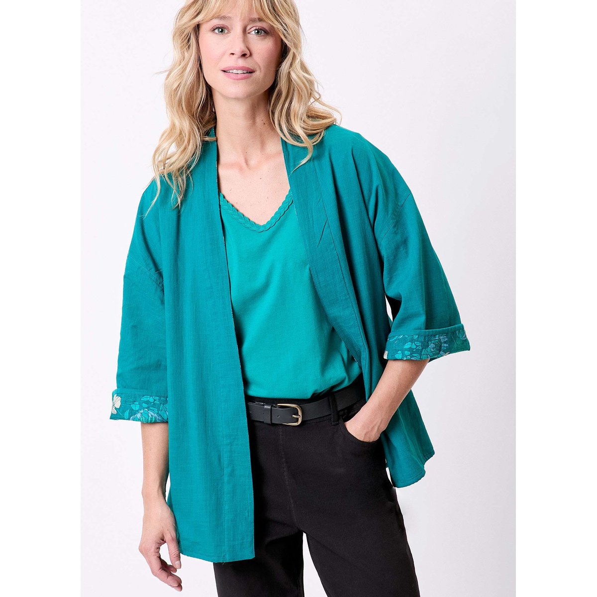 Veste kimono imprimée réversible coton bio WEZA vert razak, LA FIANCÉE