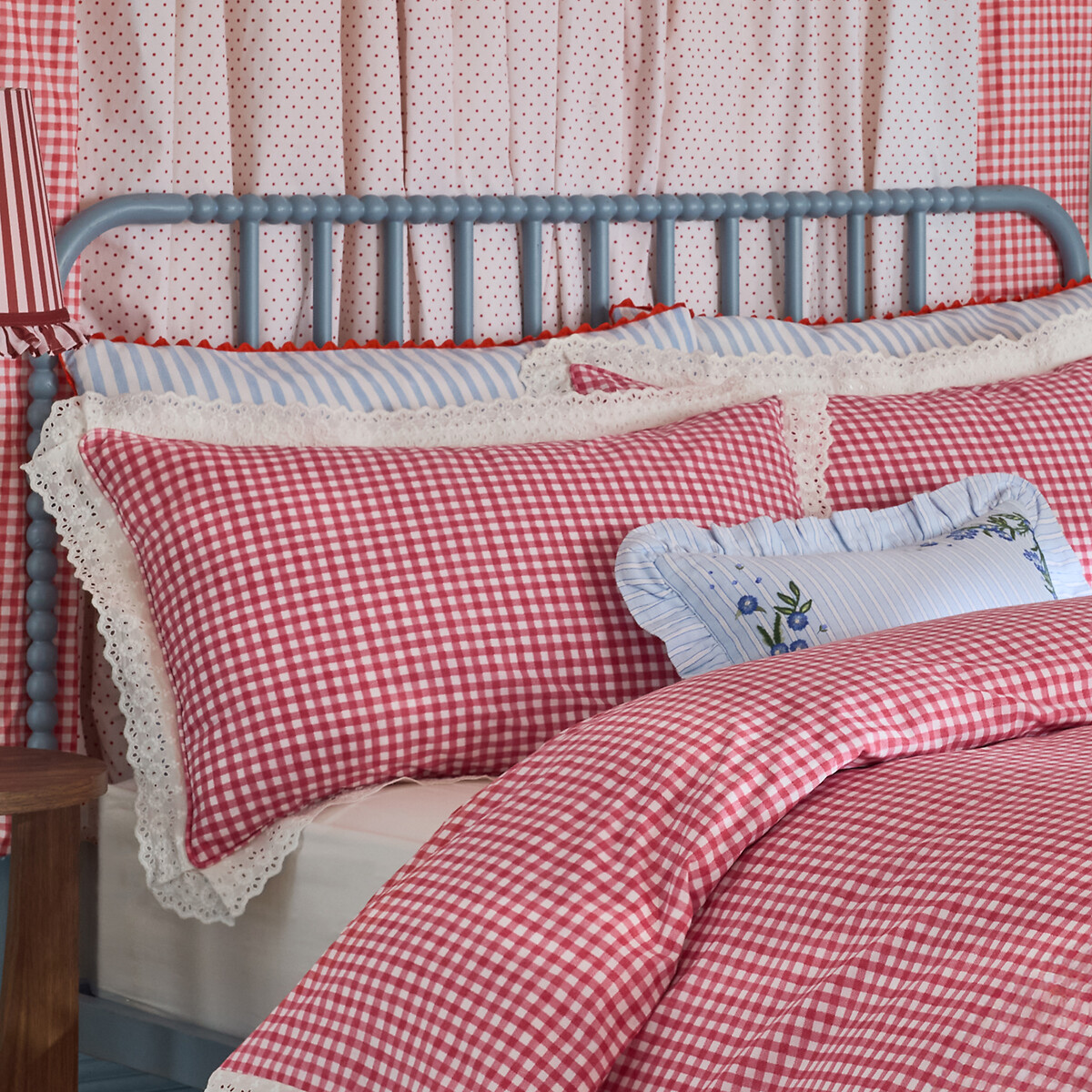Painted Gingham Lace Reversible Cotton Duvet Cover and Pillowcase Set red, CATH KIDSTON