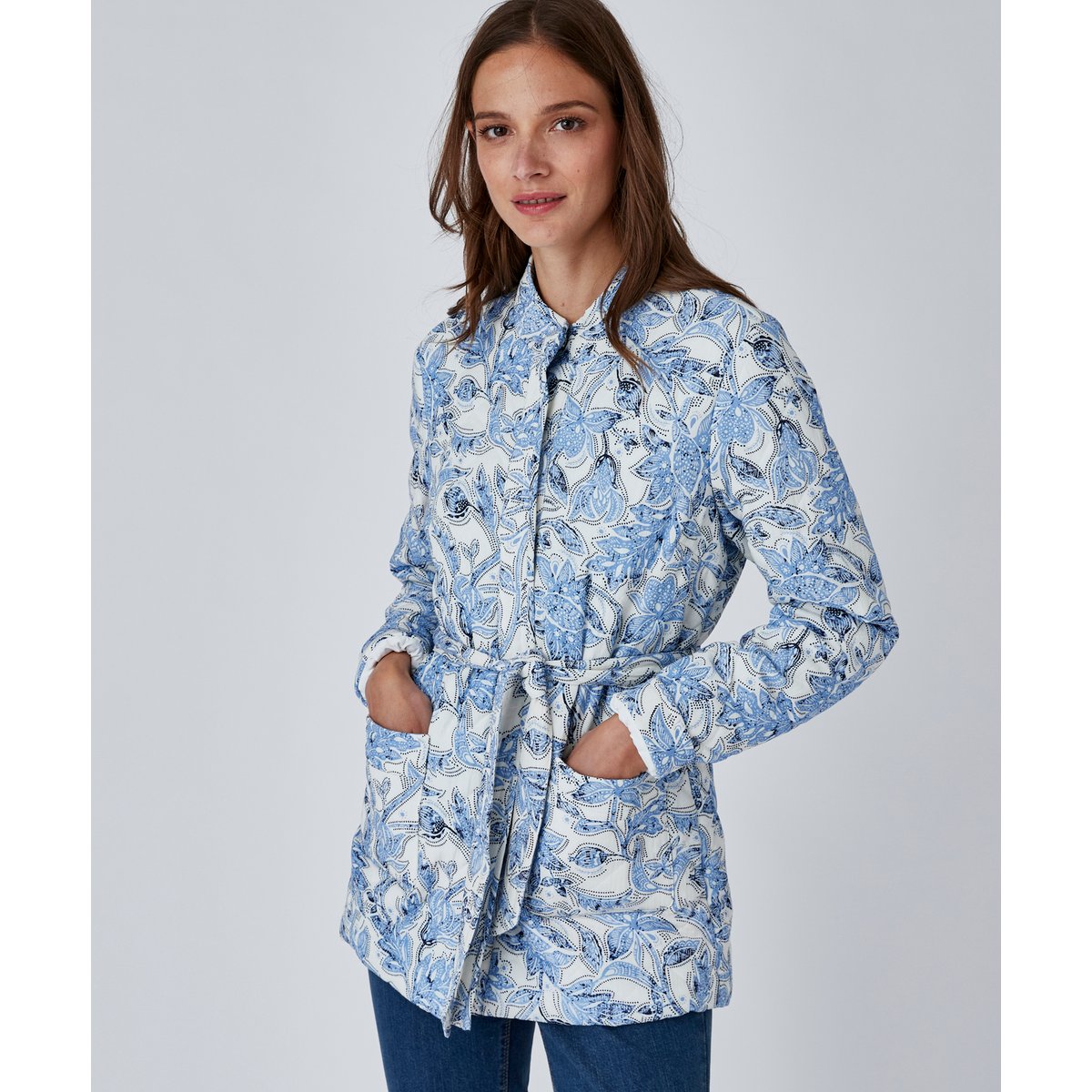 Veste ceinturée surpiqûres fantaisie blanc fleuri, DAMART