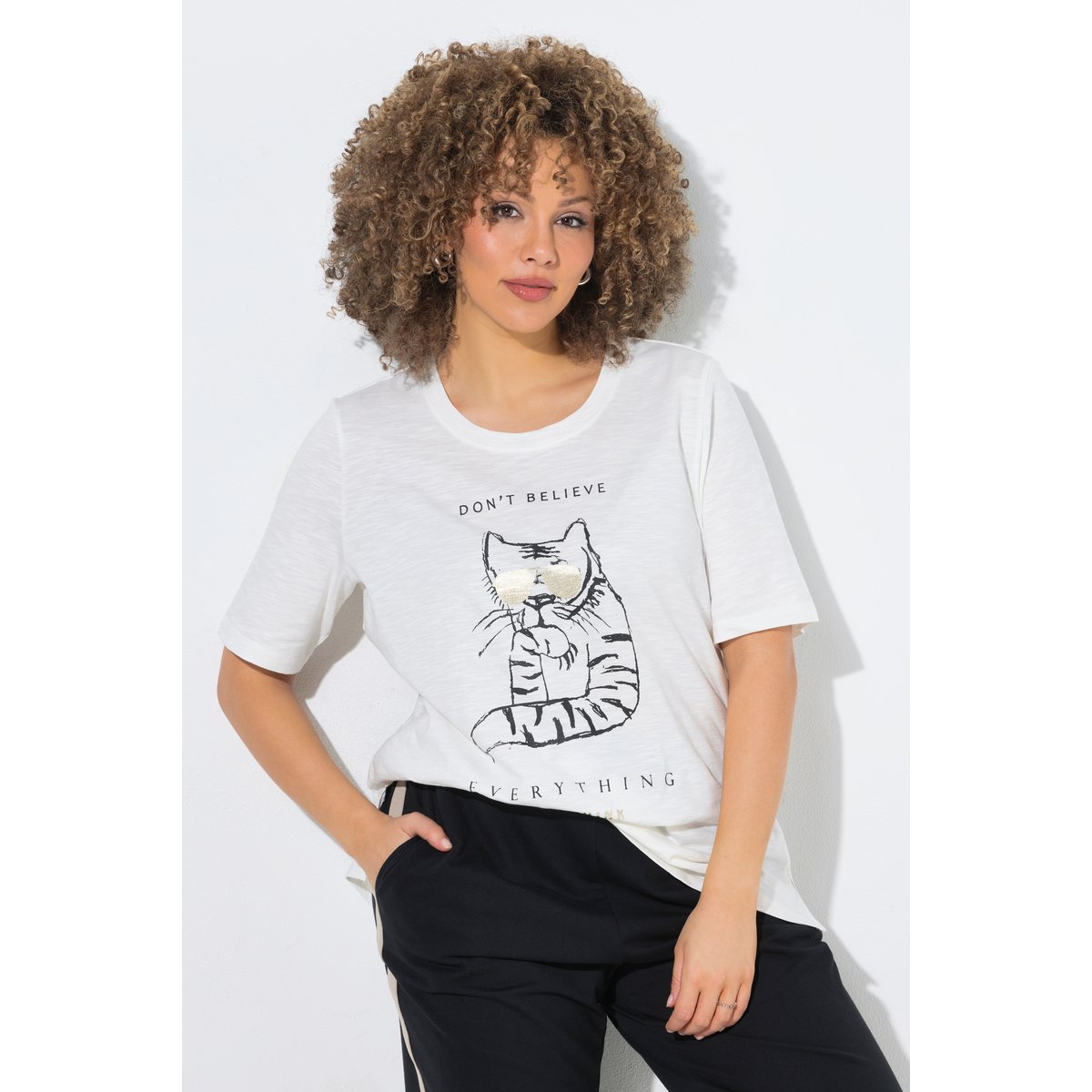 T-shirt oversize, motif chat blanc cassé, ULLA POPKEN
