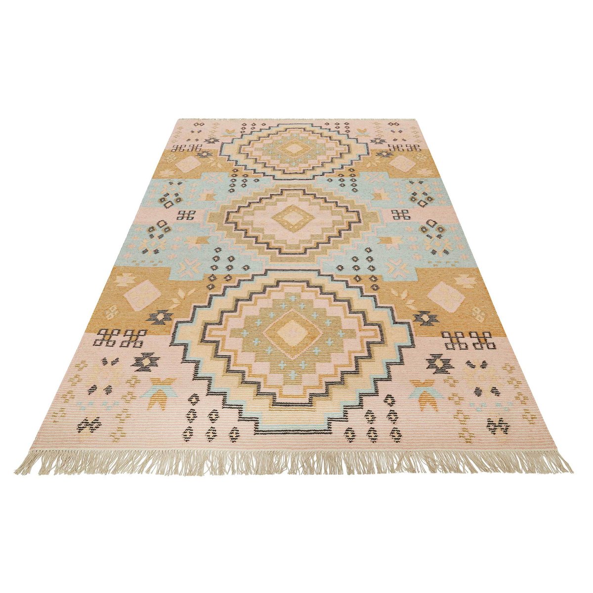 Tapis ethnique tissé main laine et coton ,  MAYENNE rose clair, WECON HOME